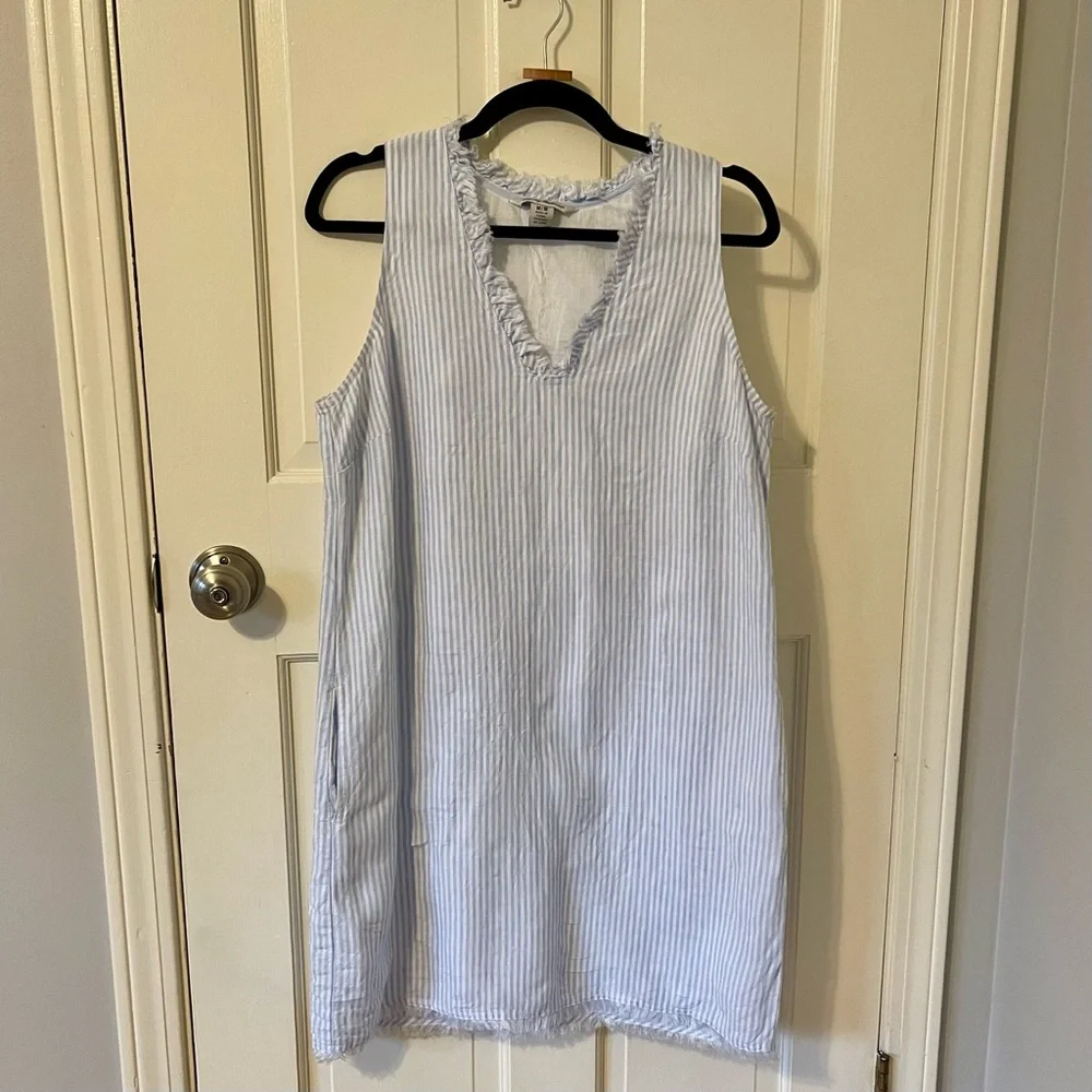 🤍💙 NWOT Tommy Bahama 2 Palms Mini Cabana Stripe Ruffle Linen Dress – Size M - Picture 2 of 9